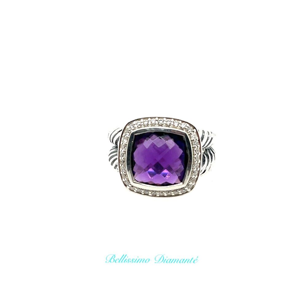 David Yurman Sterling Silver Albion Ring 11mm with Amethyst and Diamonds Size 9